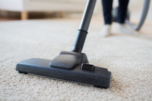 A vacuum cleaner head being passed over a lounge carpet.